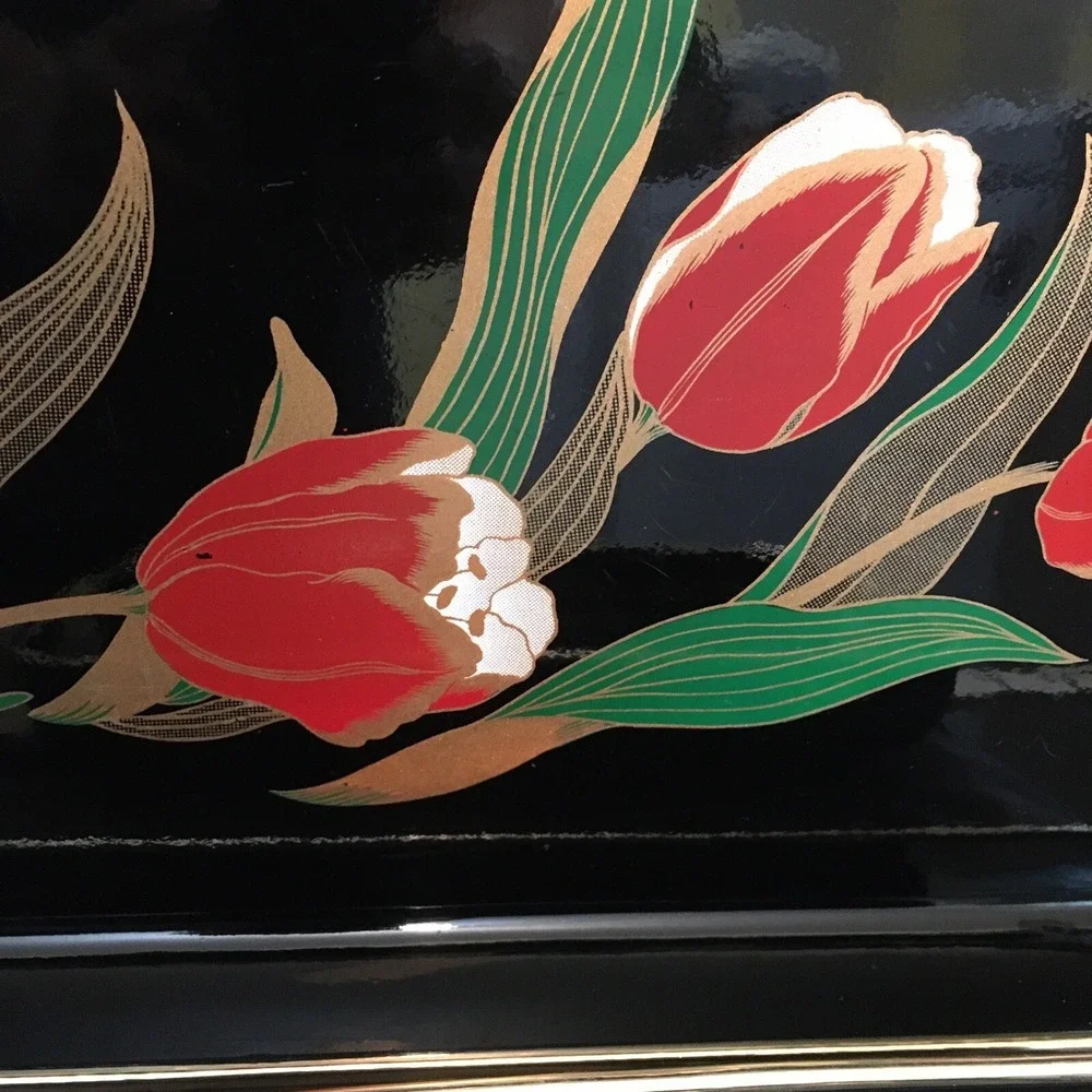 2 Vintage Asian Style Black Laquer Floral Trays with Tulip Florals
